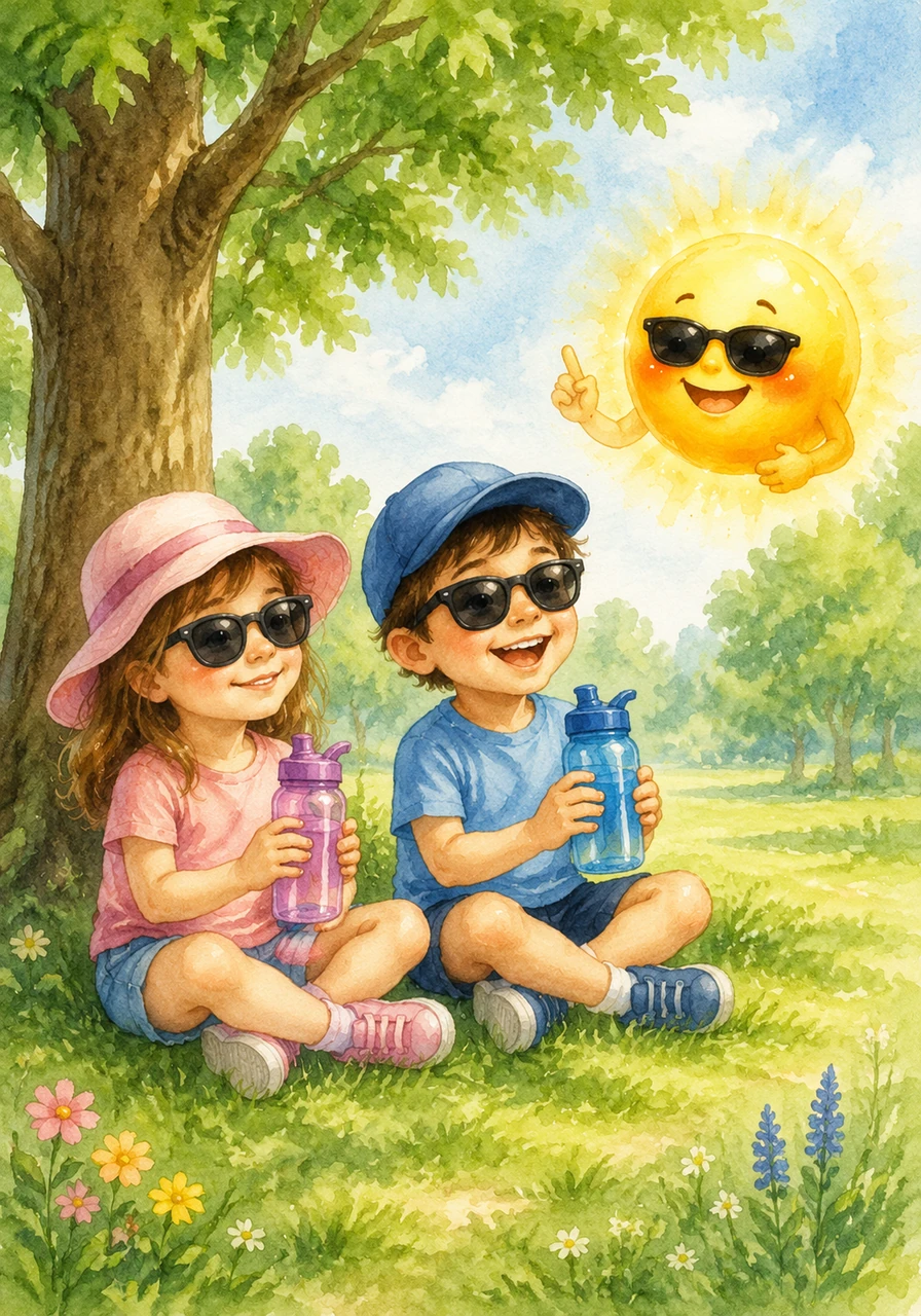 Mia and Ben sit together under the tree and take out their colorful water bottles. Sunny reminds them that drinking plenty of water keeps their bodies happy and cool on the inside.