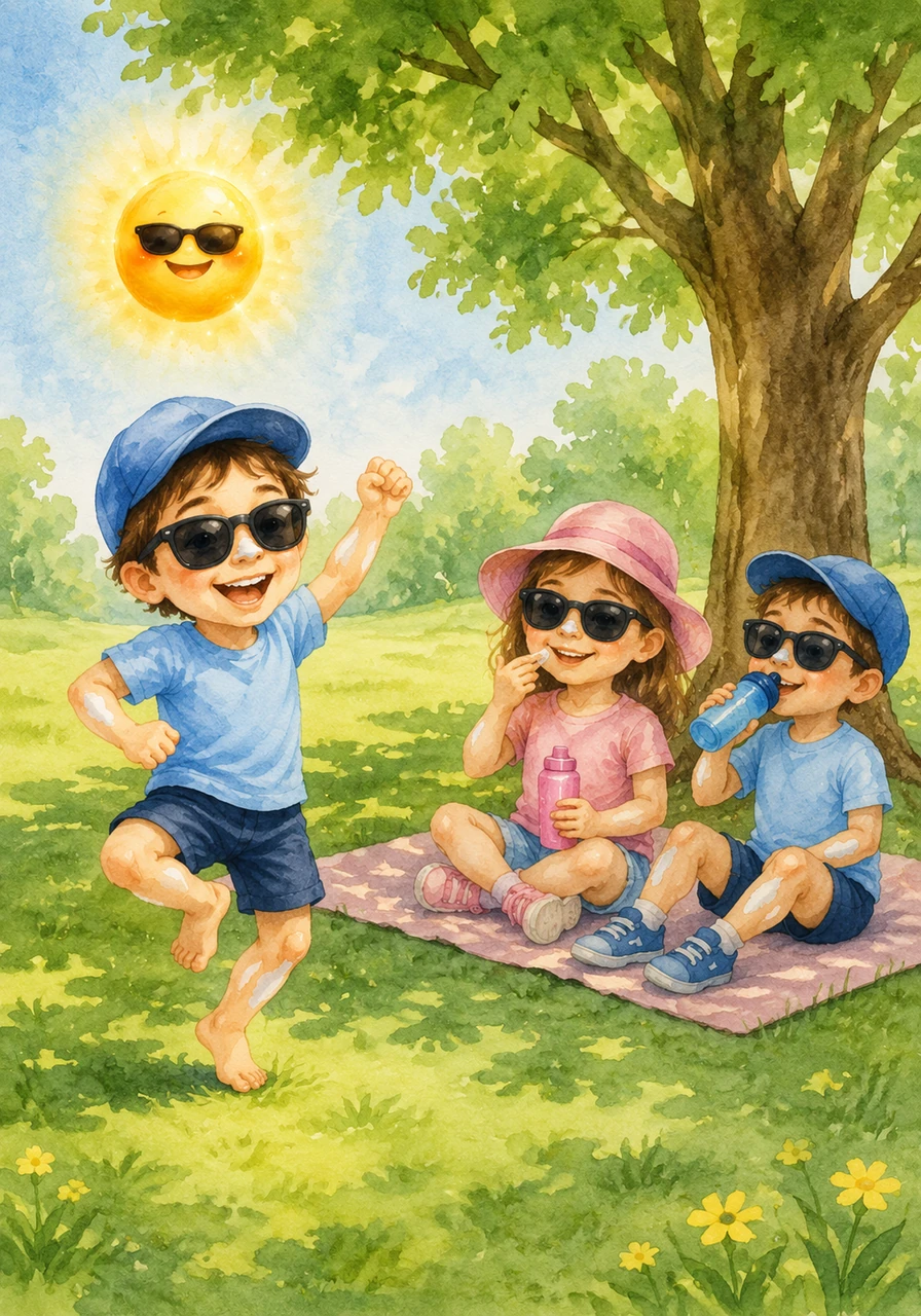 Sunny does a happy little dance as he sees the children following all the safety rules. They have their hats, their cream, their water, and they are resting in the shade.
