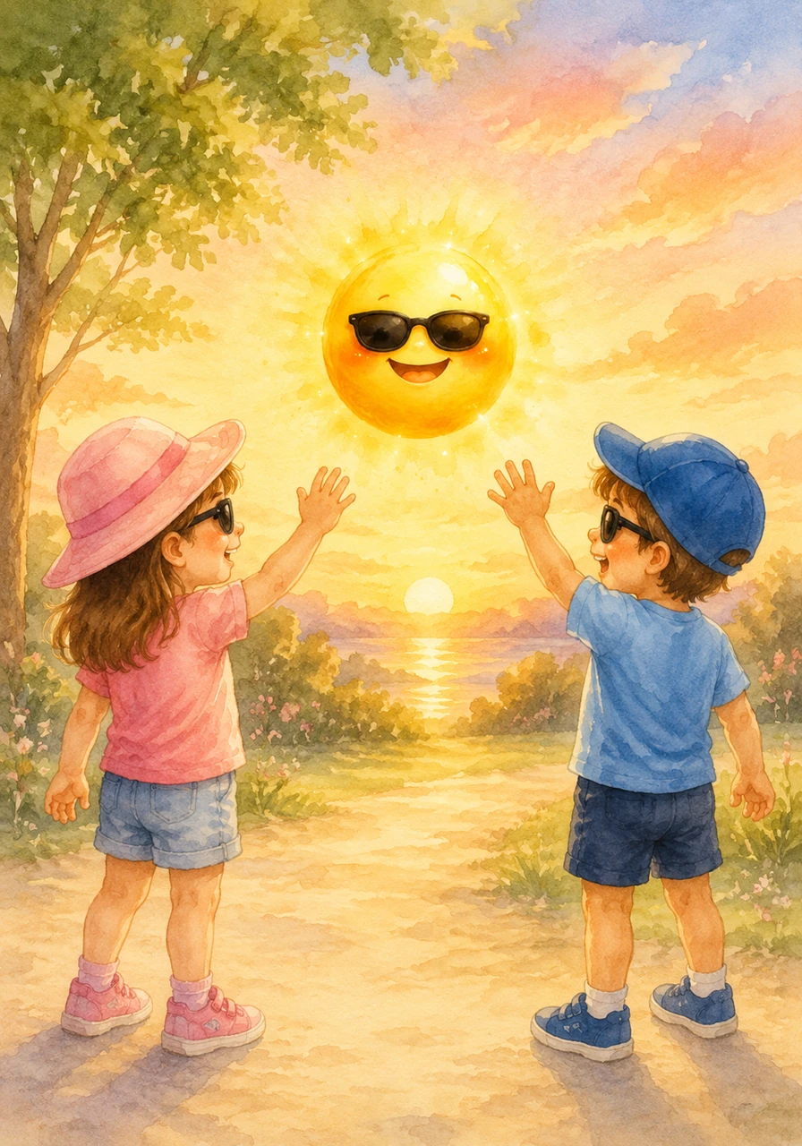 As the day ends, Mia and Ben wave goodbye to their new friend Sunny. Their skin feels cool and healthy, and they are ready for another sunny day of play tomorrow.