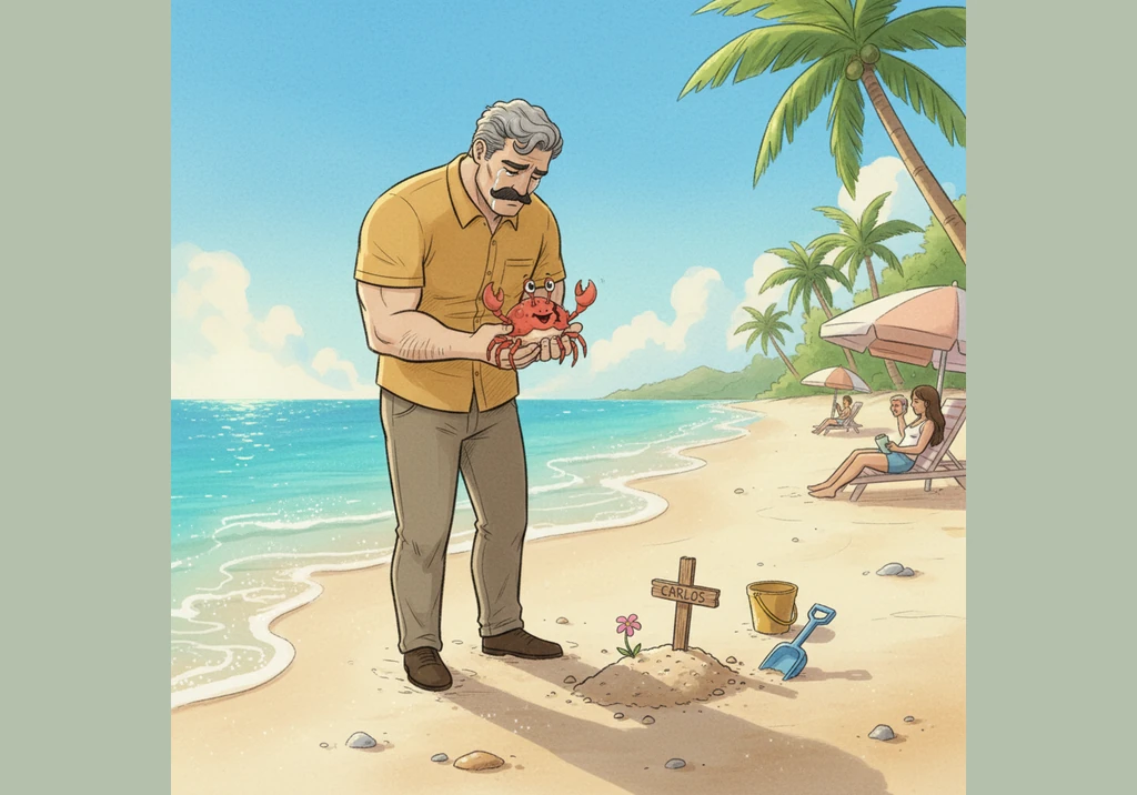 Pedro stands on the sparkling golden sand under a bright blue sky, looking very sad because he realized he forgot his delicious brownie at home. The o