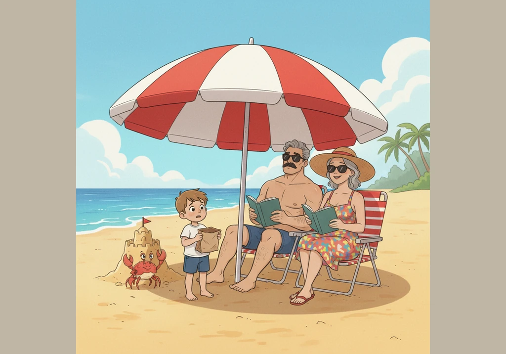 Pedro walks over to his mother and father who are relaxing under a large, striped beach umbrella and asks if they have seen his brownie. They look up