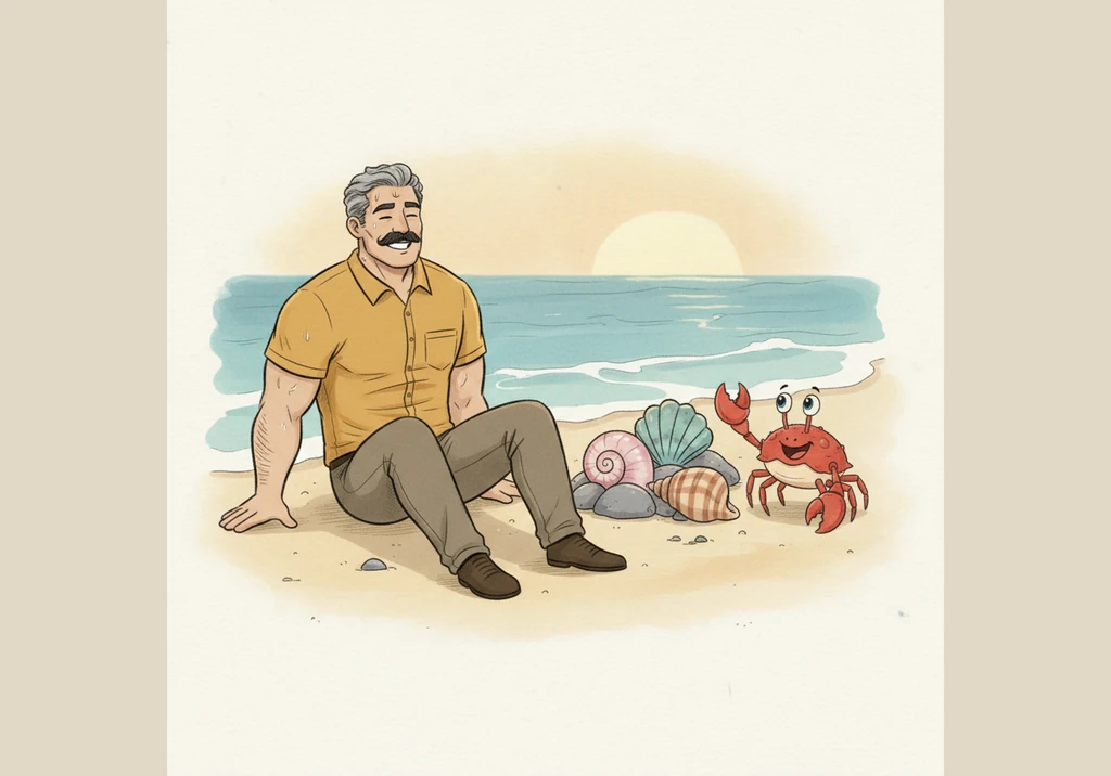 Finally, Pedro finds several beautiful, oversized seashells tucked away near some smooth rocks and brings them back to the crab. He is exhausted from
