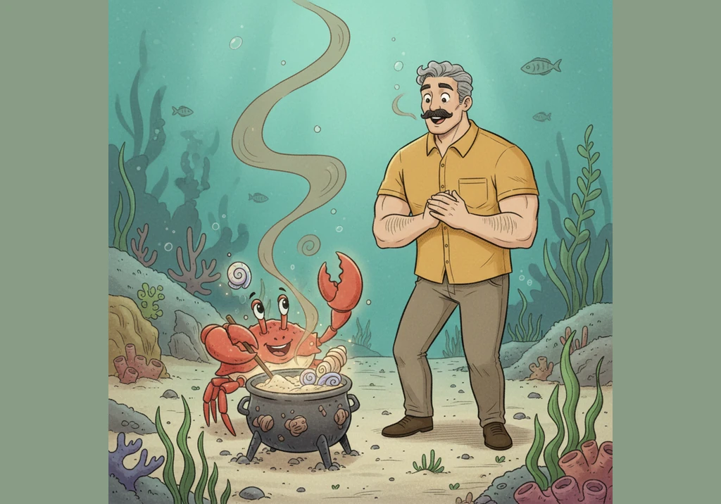 Bobby the Crab places the clean sand and the giant shells into a small cooking pot and begins to stir them together with a magical touch. Pedro watche