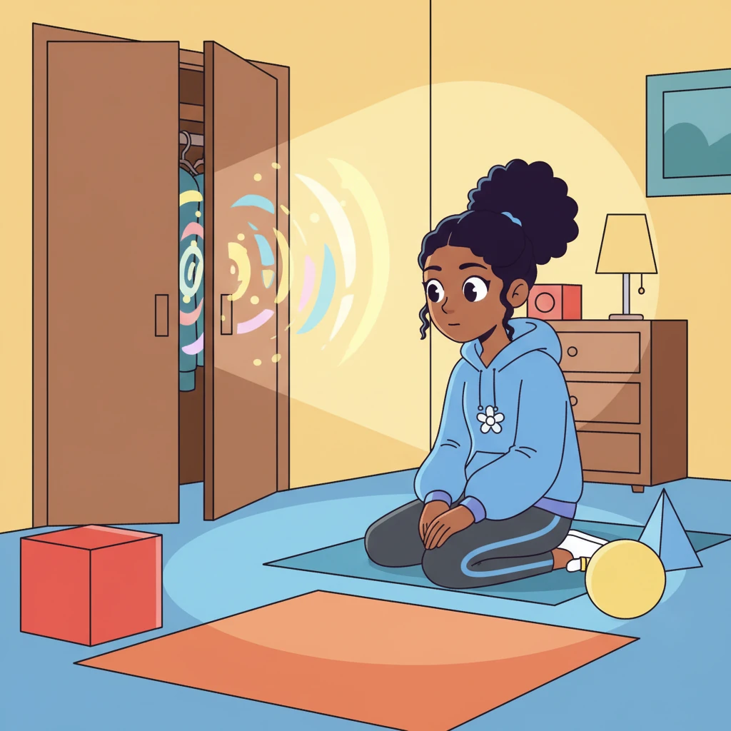 Millie, a girl with bright, inquisitive eyes, sits in her colorful bedroom. A small, glowing portal shimmers behind her closet door, casting playful geometric light patterns on the wall. Her room is filled with simple, bold shapes and primary colored toys.