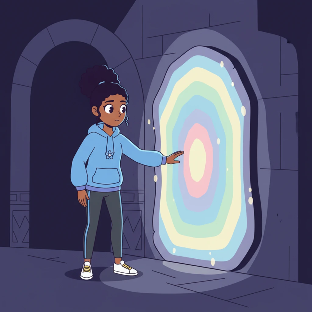 Millie, intrigued, cautiously approaches the glowing portal. Her hand reaches out, a mix of curiosity and slight apprehension on her face. The portal pulses with soft, inviting colors, like a window to another dimension.