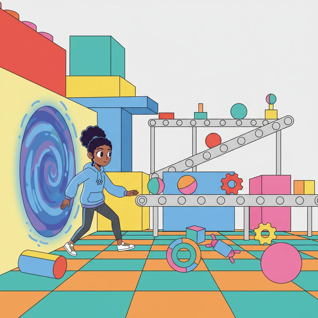 Millie steps through the portal, finding herself in a whimsical, stylized toy factory. Giant, brightly colored blocks and clean-lined conveyor belts stretch into the distance. Playful, geometric toy parts are scattered on the floor.