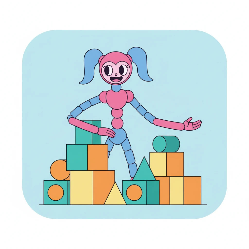 A towering figure with long, pink limbs and a friendly, wide smile emerges from behind a stack of abstract toy boxes. This is Mommy Long Legs, rendered in bold pink and purple, her large, round eyes expressing gentle curiosity. She extends a long, slender arm in a welcoming gesture.
