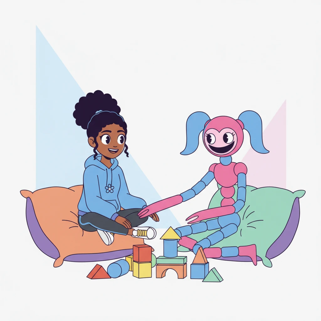 Millie, initially surprised, smiles back at Mommy Long Legs. They sit together on a giant, soft-edged geometric cushion, sharing a moment of quiet understanding. Mommy Long Legs gently gestures towards a game of oversized, colorful building blocks.