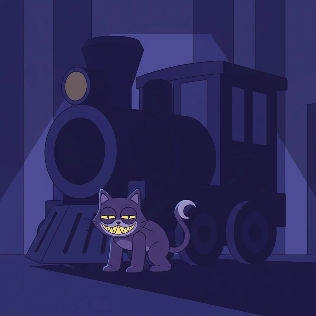 From the shadows of a giant, stylized toy train, a sleek, dark figure with large, sleepy eyes observes them. This is CatNap, designed with smooth, curved lines and a calming purple hue, blending almost seamlessly into the background. He appears peaceful and watchful.