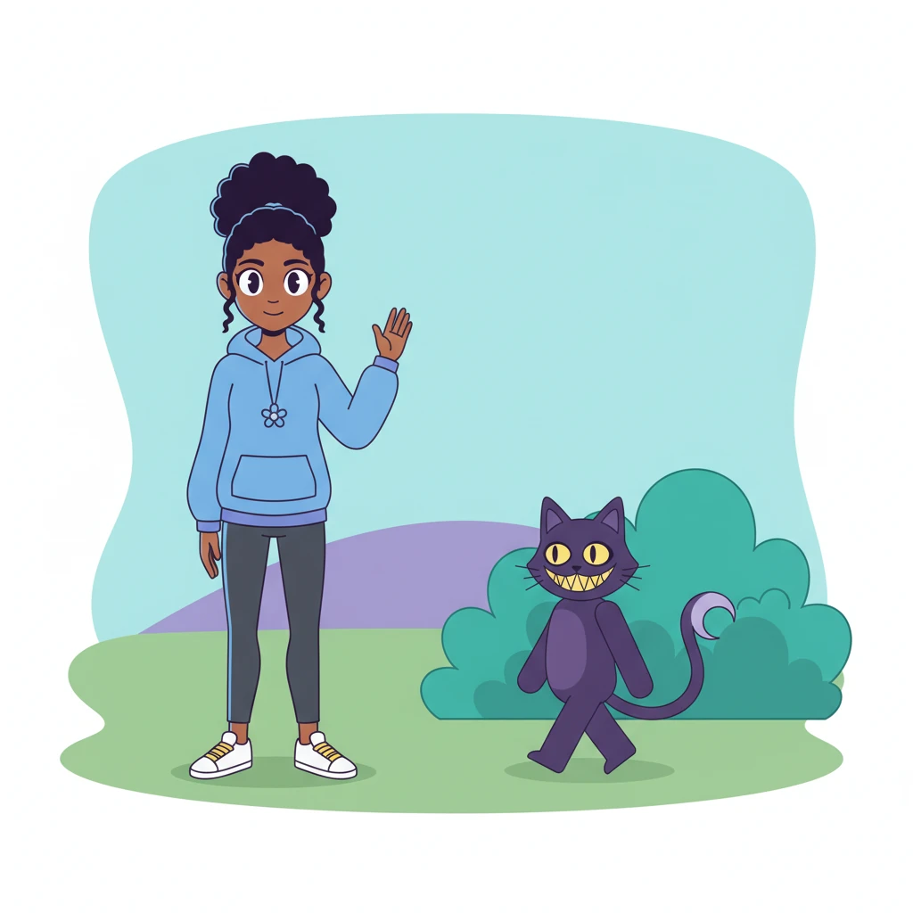 Millie notices CatNap and, with a gentle smile, waves to him. CatNap slowly emerges, his long, curved tail swaying softly. He approaches with a calm, unhurried grace, his eyes still conveying a sleepy mystery.