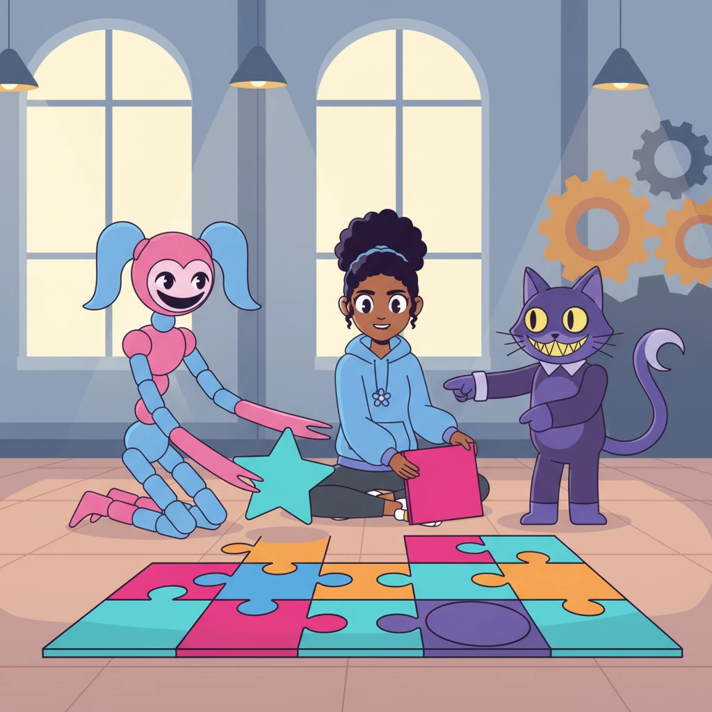 Millie, Mommy Long Legs, and CatNap gather around a large, colorful puzzle made of interlocking geometric shapes. They work together, each character contributing in their unique way, a silent camaraderie forming between them. The factory glows with soft, inviting light.