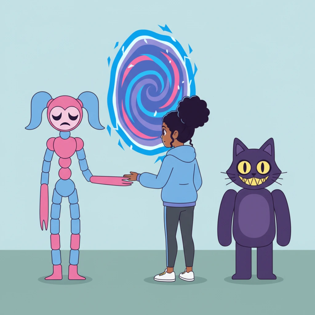 As the puzzle is completed, the portal shimmers back into existence, signaling Millie's time to return. Millie exchanges a warm, knowing glance with Mommy Long Legs and CatNap. A feeling of peaceful farewell hangs in the air.