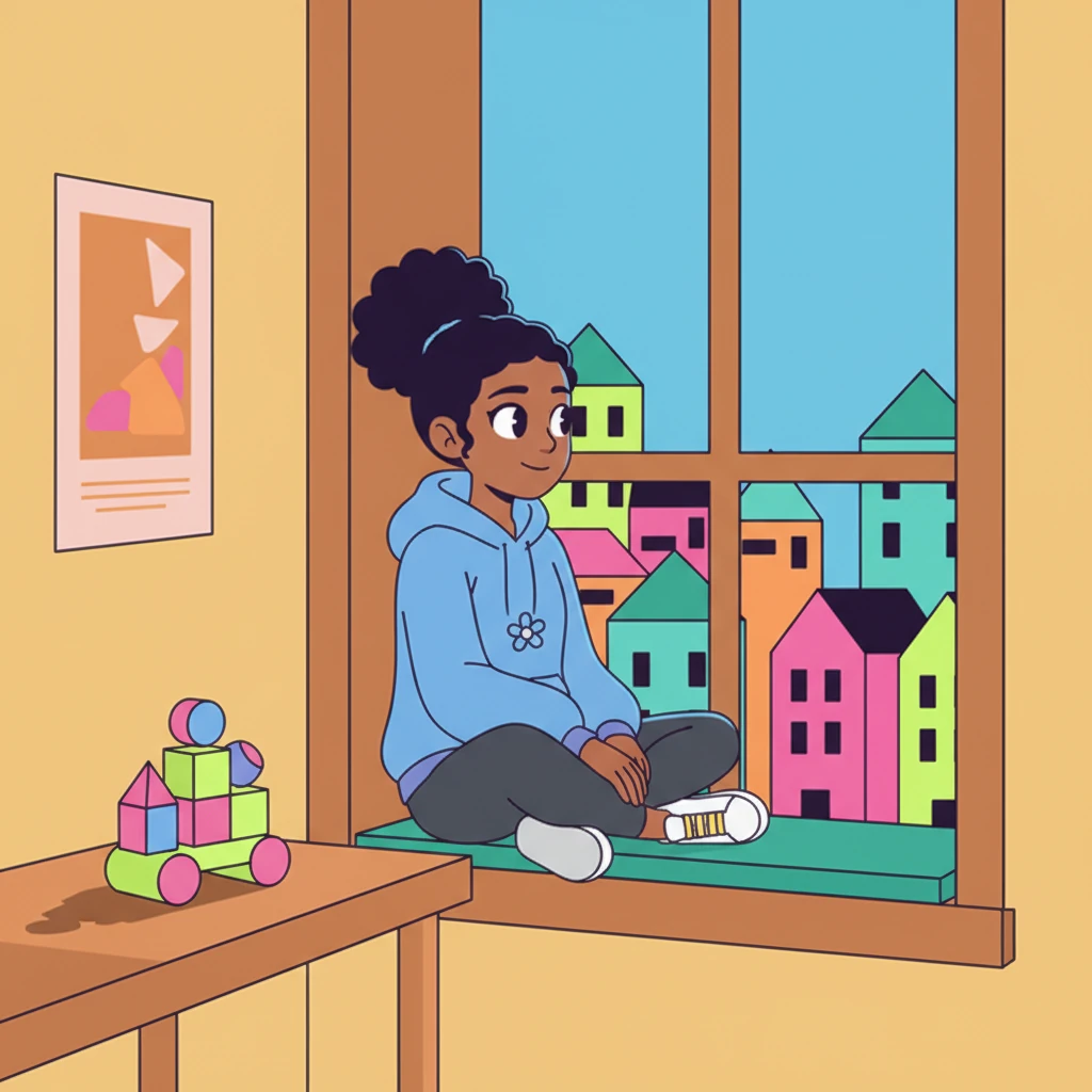 Millie is back in her bedroom, sitting by her window, looking out at the colorful, blocky houses. A small, vibrant geometric toy, unlike any she owned before, sits on her desk, a tangible reminder of her extraordinary adventure. She smiles, knowing her new friends are just a dream away.