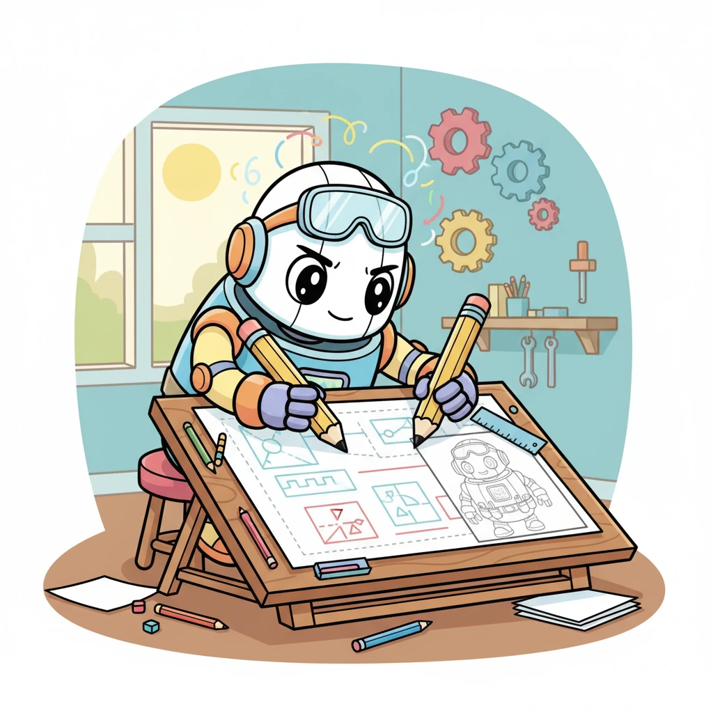 With a determined little hum, Dash sat at his drawing board, covered in colorful blueprints. He sketched out plans for himself and a future friend, drawing lines for how they'd talk and work together. His tiny robot brain whirred with exciting ideas.