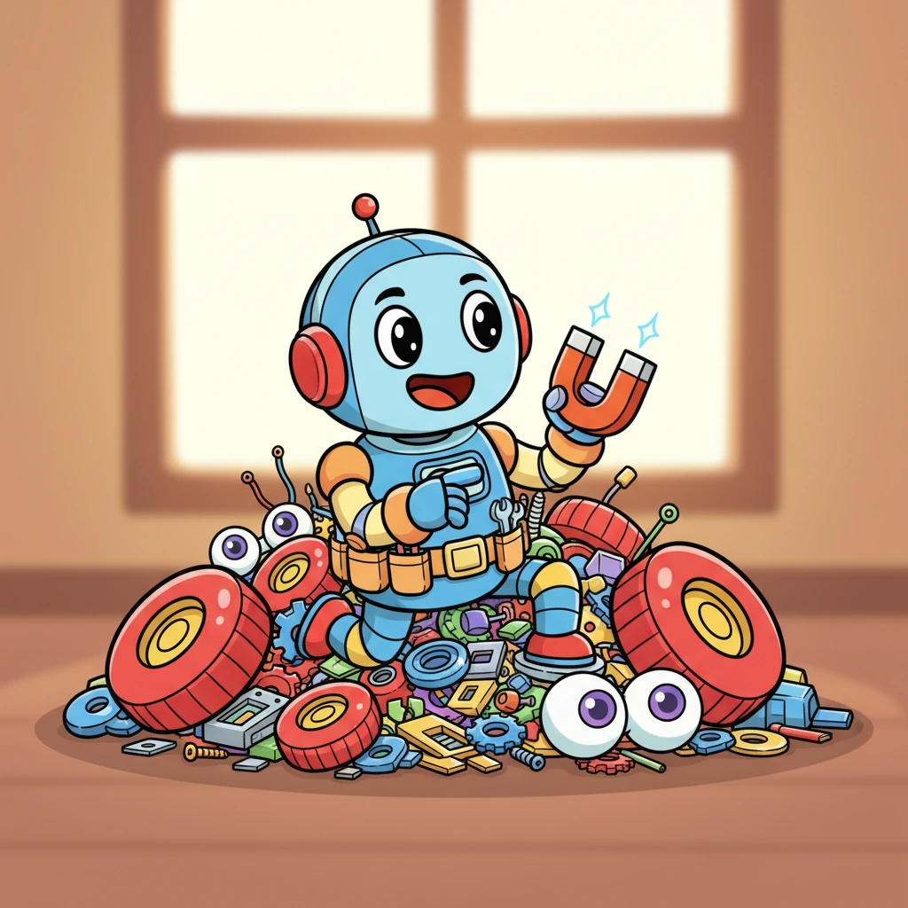 Soon, Dash was surrounded by a mountain of shiny new parts: bright red wheels, blinking sensor "eyes," and a tiny, powerful magnet. He carefully selected each piece, knowing every component was important for his big helper mission. It was like a treasure hunt for robot bits!