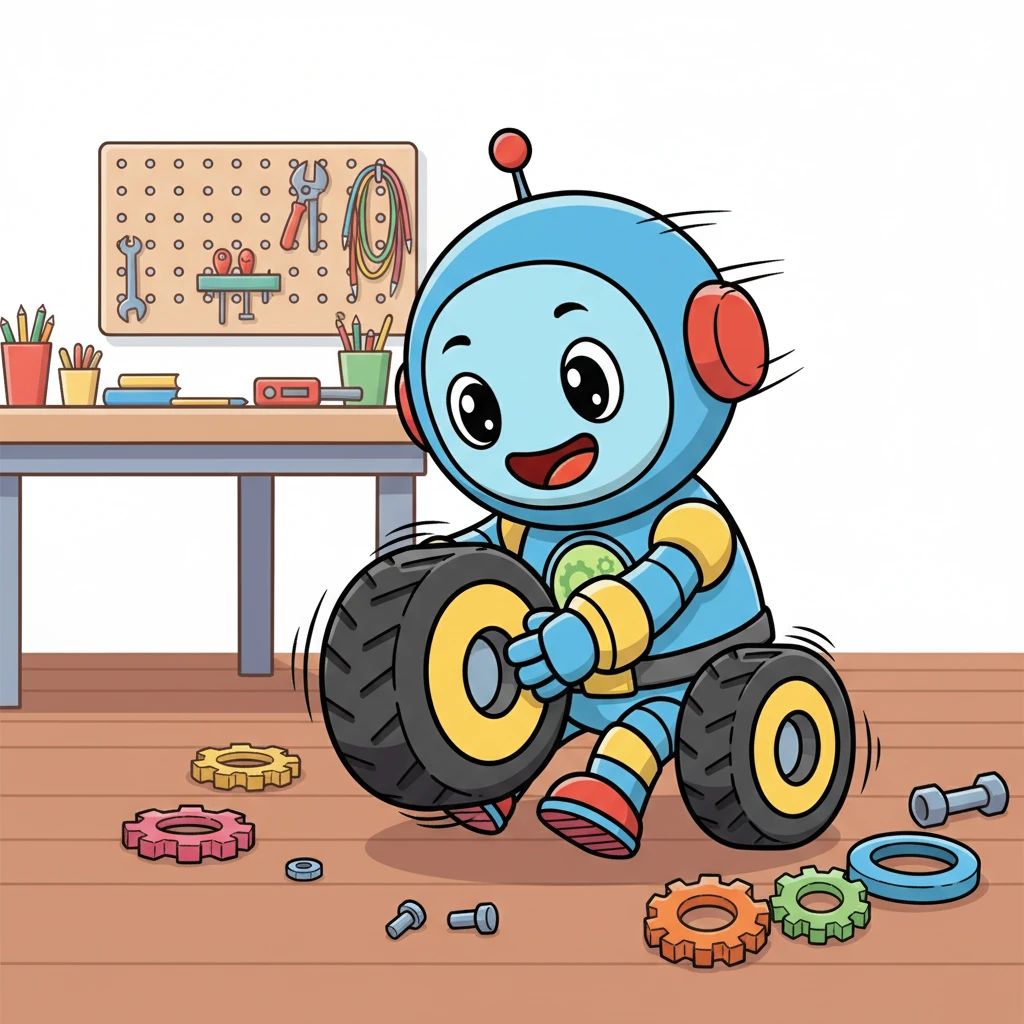 Dash's little arms whizzed as he carefully assembled his sturdy chassis, connecting the base plates with satisfying clicks. He then mounted his chunky, all-terrain wheels, giving them a proud spin. He was starting to look like a real robot!