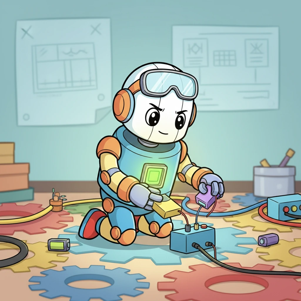 Next, Dash focused on his power system. He meticulously connected the battery pack and tiny voltage regulators, making sure every wire was just right. A small indicator light on his chest glowed a happy green, signaling he was alive with energy!