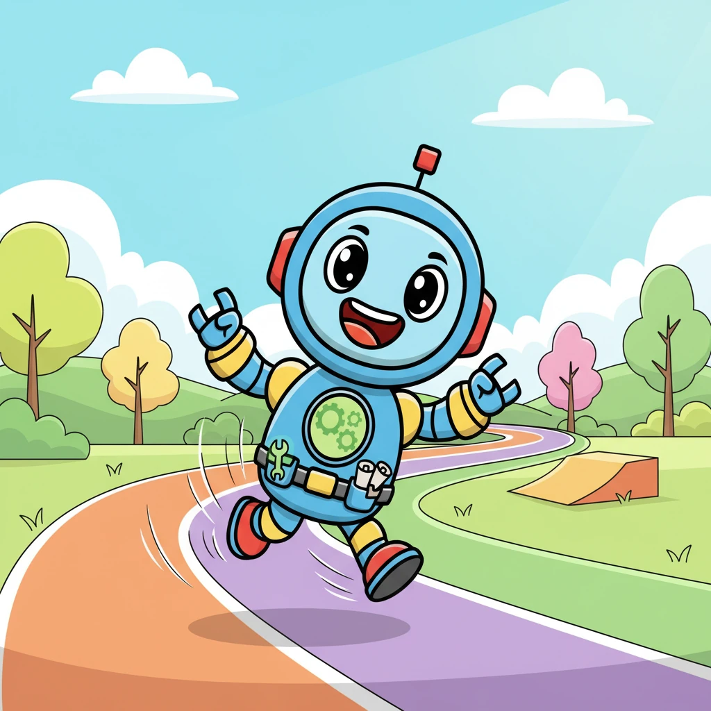 It was time to move! Dash practiced controlling his motors, zipping forward and backward on a test track. He wobbled a bit at first, but soon he was moving with smooth, confident turns, giggling with every successful maneuver.