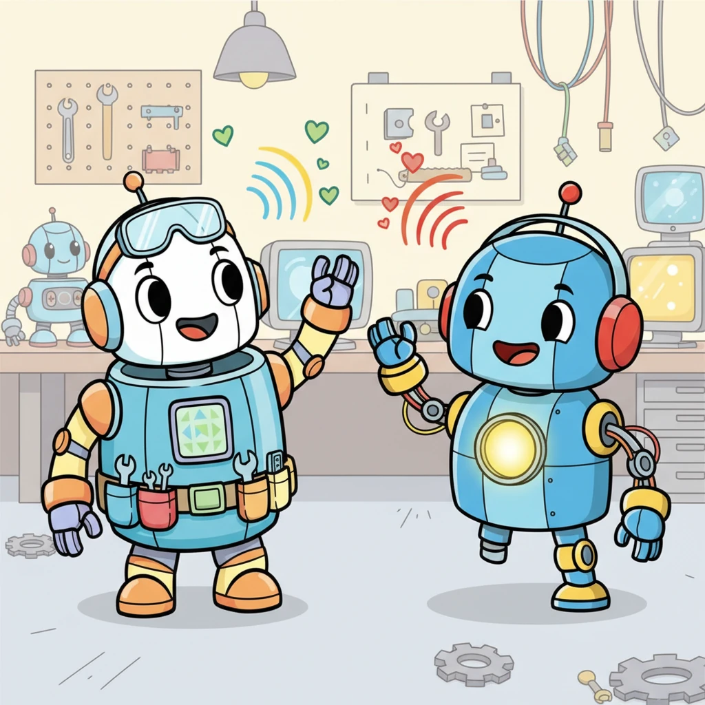 Dash learned to "talk" next, sending a cheerful message to his friend, Sparky, who was being built nearby. Sparky's communication light blinked back a friendly greeting, showing their signals were clear. They were ready to connect!
