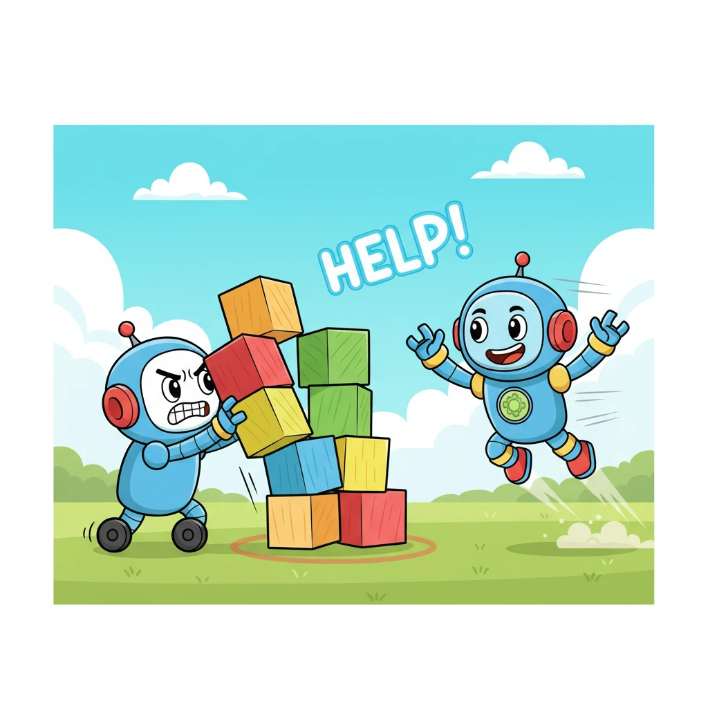 During a big test, Dash rolled up to a giant, wobbly toy block. He tried to push it, but his weight sensor signaled it was too heavy! Immediately, he sent a "Help!" message, and his friend Sparky zoomed into view.