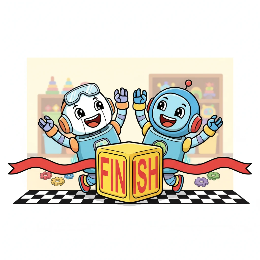 With a magnetic *clunk*, Dash and Sparky docked perfectly together, side-by-side. Together, their combined strength easily pushed the giant toy block across the finish line. They shared a happy, synchronized cheer, proud of their teamwork!