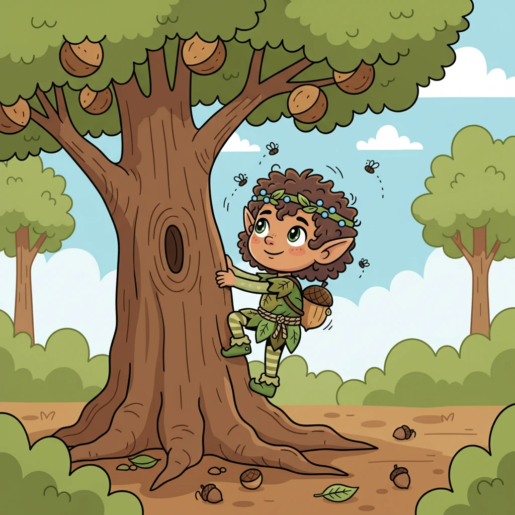 They arrived at the edge of the forest, the air buzzing with the sound of happy insects. Before them stood a giant nut tree, its branches laden with plump, brown nuts. The scent of sweet earth filled the air.
