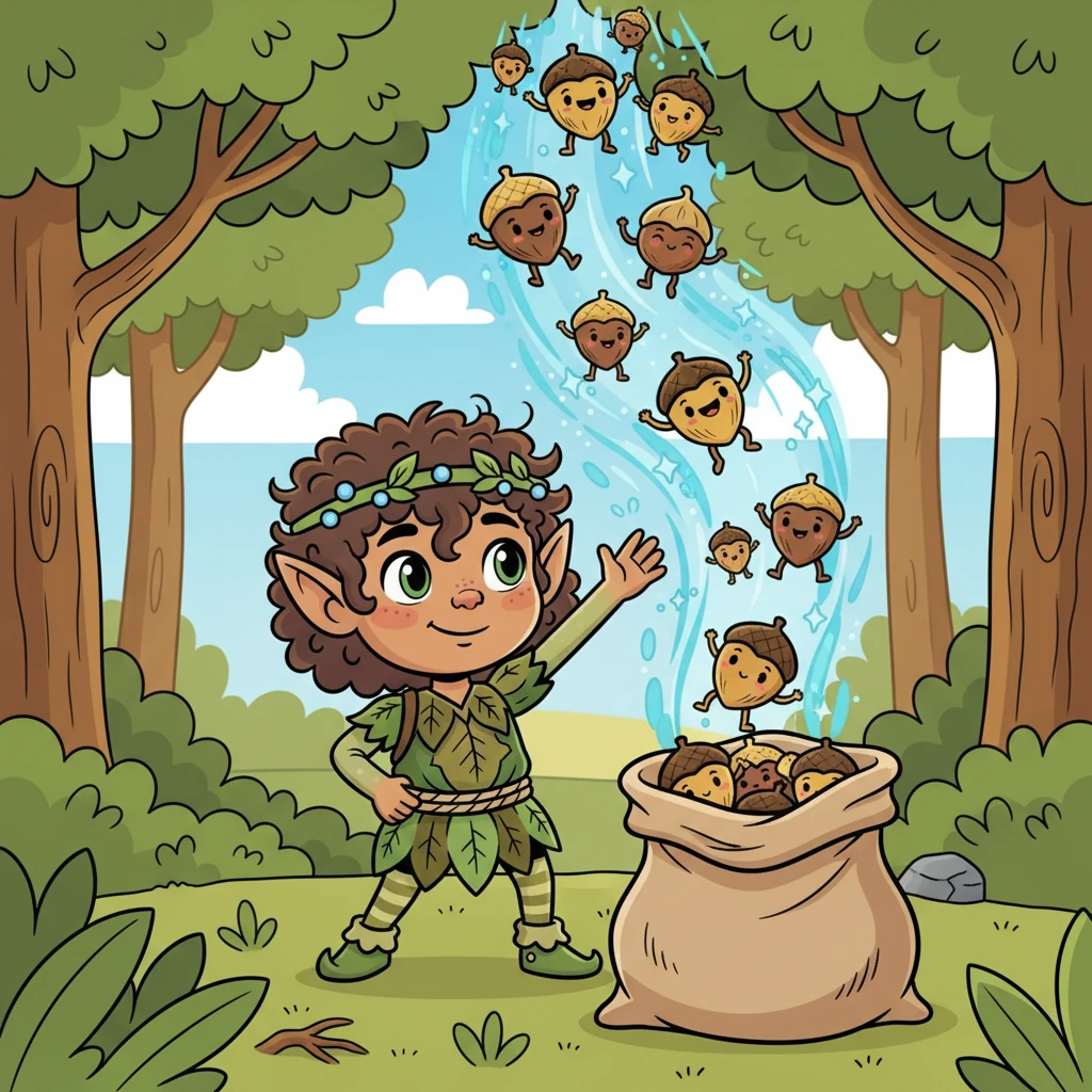 Pip pulled out a large, empty bag. Pen, with a flick of her wrist, summoned a flurry of magic, and the nuts began to fall. They quickly filled the bag, their faces beaming with joy.