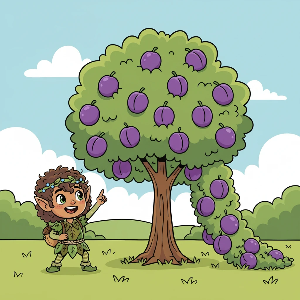 As they were about to leave, Pip pointed towards a plum tree. It was covered in juicy, purple plums, but its branches drooped low. "Look, there's a plum tree waving at us!"