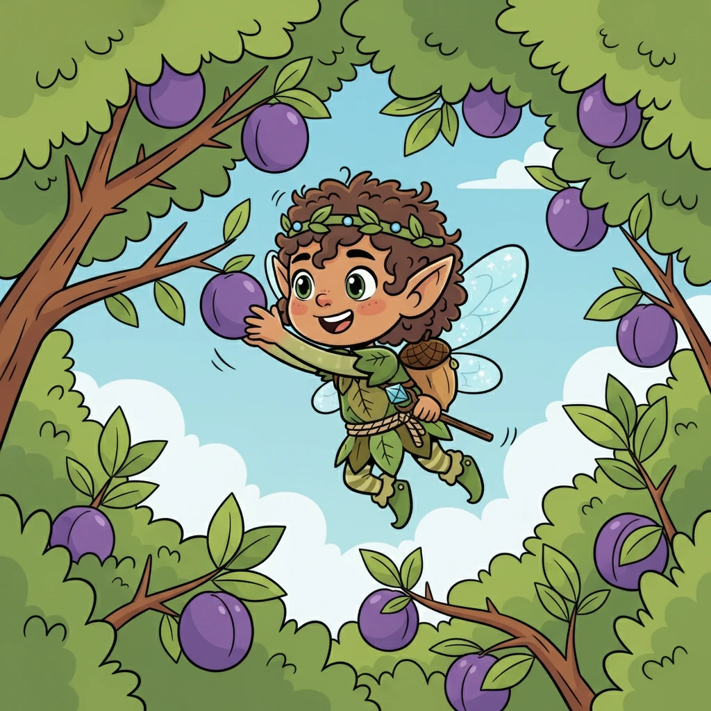 Pen zipped up into the branches, her wings carrying her swiftly through the leaves. She began gently plucking the plums, carefully avoiding the thorns. The plums were so juicy!