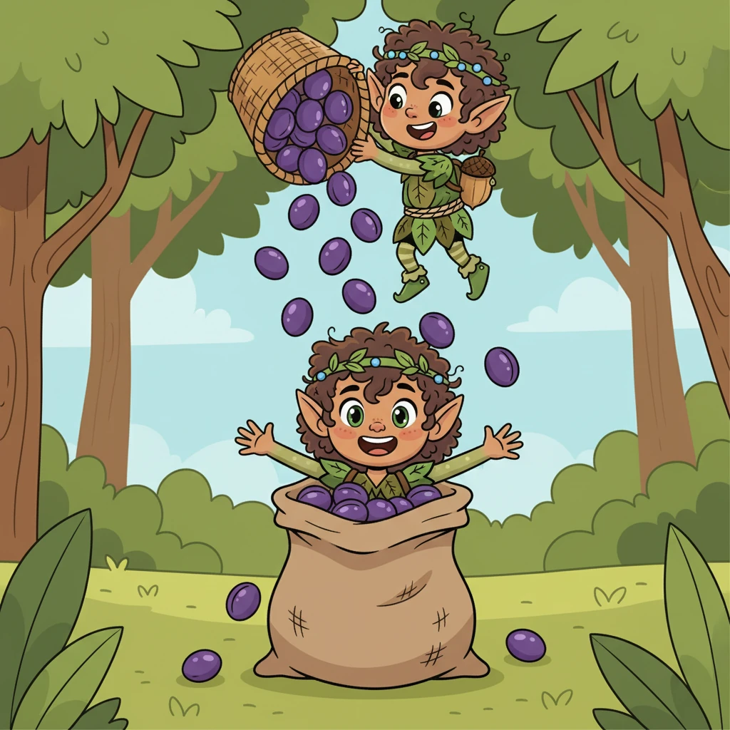 Pen threw the plums down to Pip, who was waiting below with another bag. The plums tumbled down like purple rain, filling the bag quickly. Pip laughed as he caught the falling fruit.