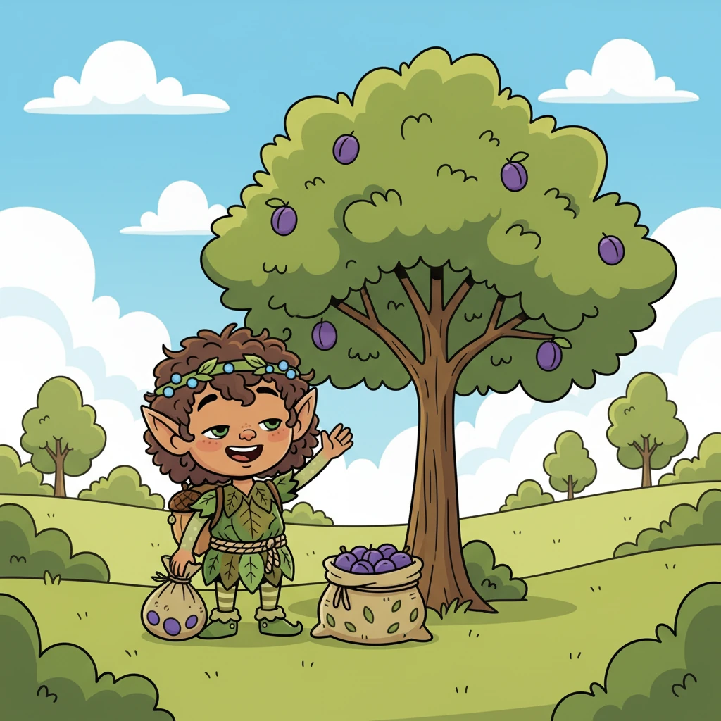 Finally, both bags were full of delicious treats. Pen and Pip, tired but happy, waved goodbye to the plum tree and set off, their hearts full of the joy of their adventure and the sweetness of shared kindness.