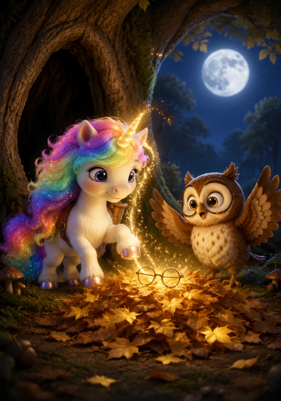 Près d'un vieux chêne creux, Lumina rencontre Barnabé, un petit hibou maladroit qui a perdu ses lunettes dans le noir. Grâce à sa lumière magique, la licorne retrouve les lunettes scintillantes cachées sous une pile de feuilles dorées. Pour la remercier, Barnabé bat des ailes et propose de la guider à travers les grands arbres mystérieux.