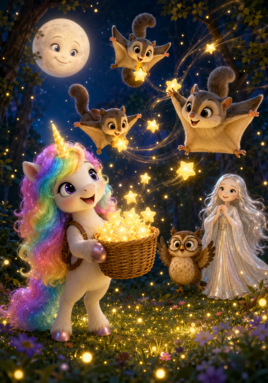 Au milieu de la clairière des lucioles, le panier de Lumina commence à déborder de petites étoiles joyeuses qu'elle a ramassées partout. Soudain, un léger vent taquin souffle et menace d'emporter les précieux trésors lumineux vers les sommets des arbres. Heureusement, une famille d'écureuils volants attrape les étoiles au vol pour les remettre en sécurité dans le panier.