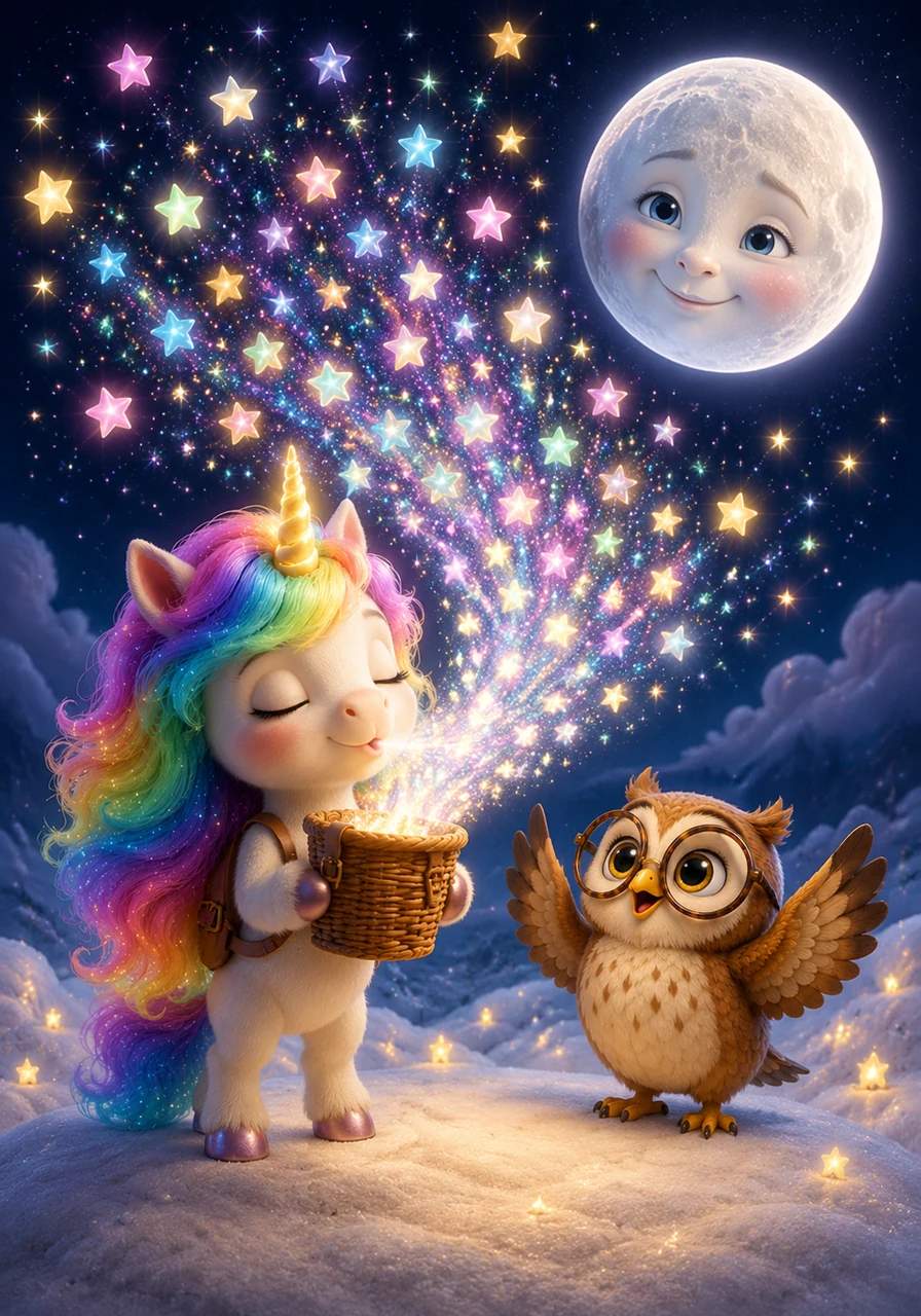 Lumina ferme les yeux, se concentre de tout son cœur et souffle doucement sur son panier magique. Toutes les étoiles s'élèvent ensemble dans le ciel sombre comme un immense feu d'artifice silencieux et coloré. La Lune sourit de nouveau en retrouvant sa famille de lumière qui scintille de mille feux.