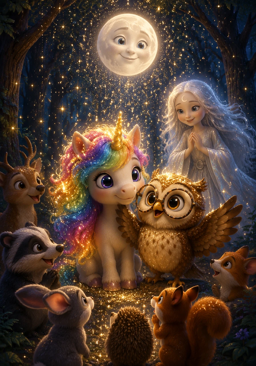 Pour remercier la courageuse petite licorne, le ciel envoie une pluie de paillettes magiques qui se dépose sur la crinière de Lumina et les plumes de Barnabé. Les animaux de la forêt se rassemblent autour d'eux, émerveillés par la beauté retrouvée de la nuit. La forêt entière respire à nouveau la joie et la sérénité.