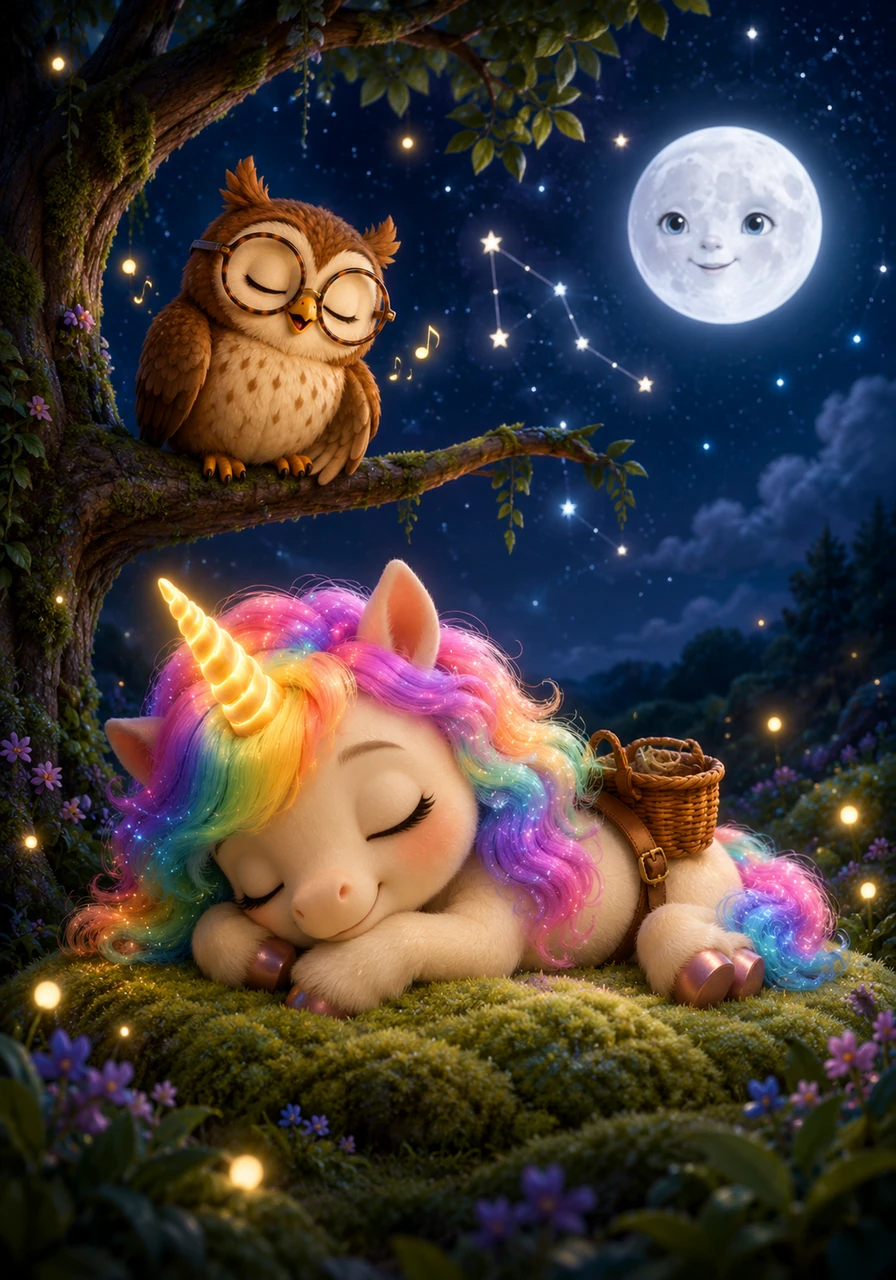 De retour dans sa clairière confortable, Lumina s'allonge sur un tapis de mousse douce sous la veille amicale des constellations. Barnabé s'endort sur une branche basse en chantonnant, tandis que la petite licorne ferme les yeux, prête à faire de beaux rêves étoilés après cette grande aventure.