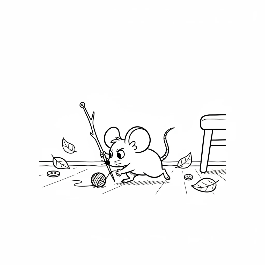 Determined, Pip scurried around, searching for just the right things. He found a tiny ball of bright red yarn and a slender twig that looked like a perfect knitting needle. He was ready to begin.