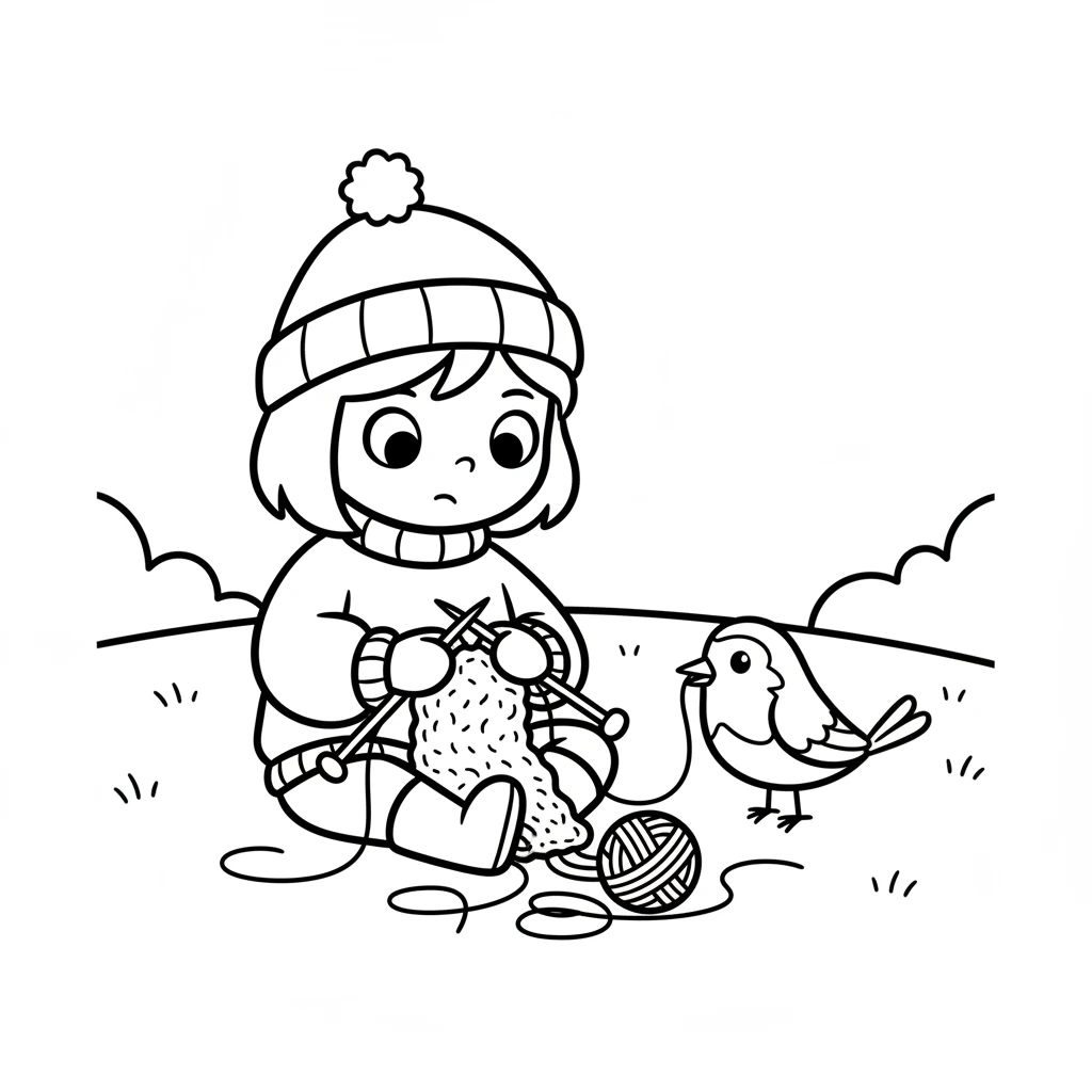 A friendly robin landed nearby, watching Pip's struggle. The kind bird gently picked up a loop of yarn with its beak, showing Pip how to make a proper stitch. Pip watched carefully.