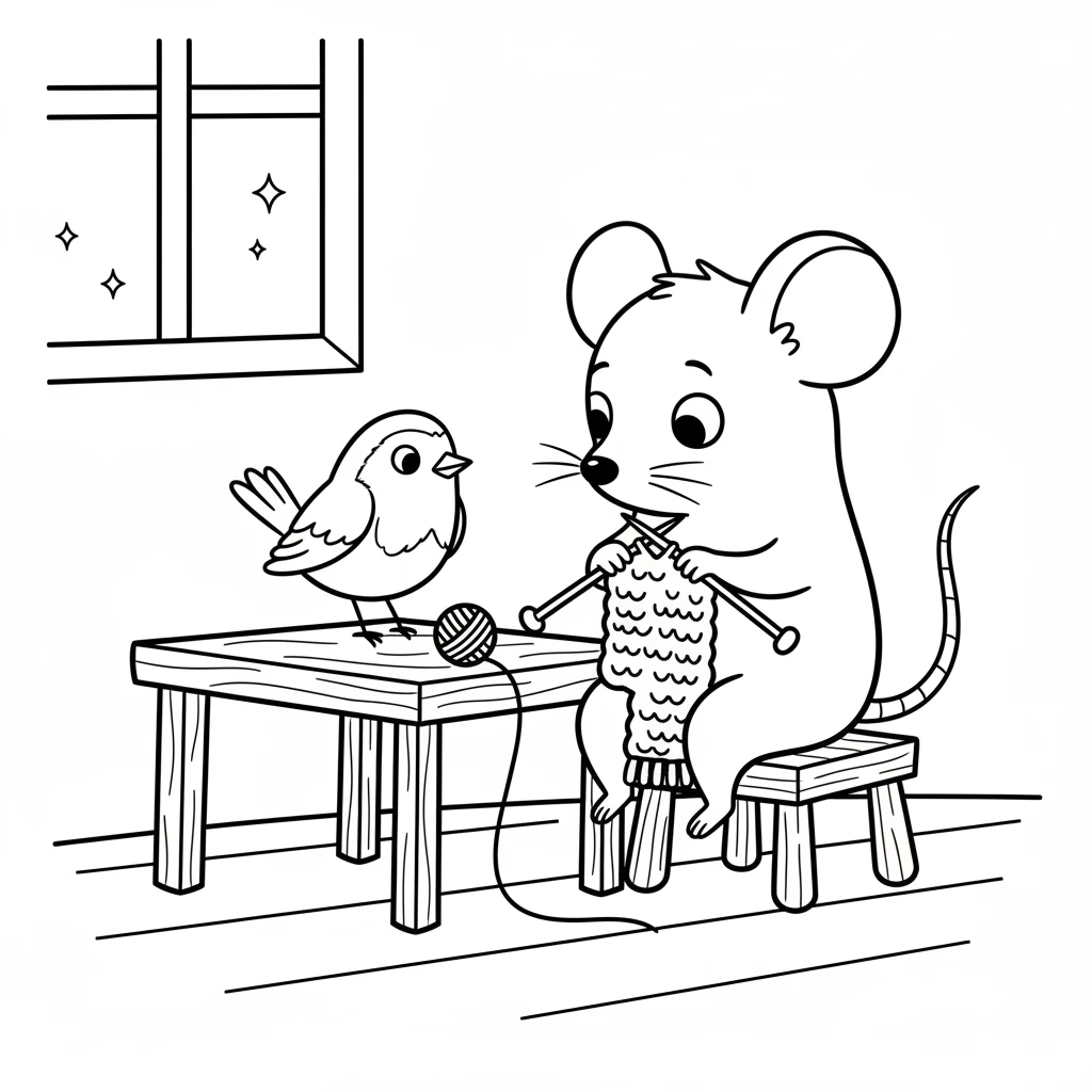 With the robin's helpful lesson, Pip worked tirelessly through the night. His tiny paws moved faster now, creating neat, small stitches. A little red scarf slowly began to grow.