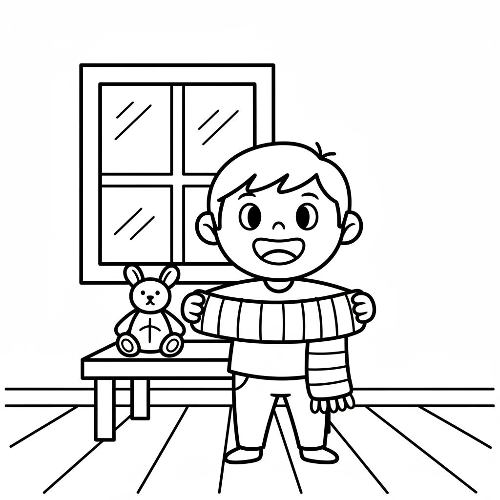 As the first light of dawn peeked through the window, Pip proudly held up his finished creation. It was a perfect, warm, red scarf, just right for a special toy. He felt so happy.