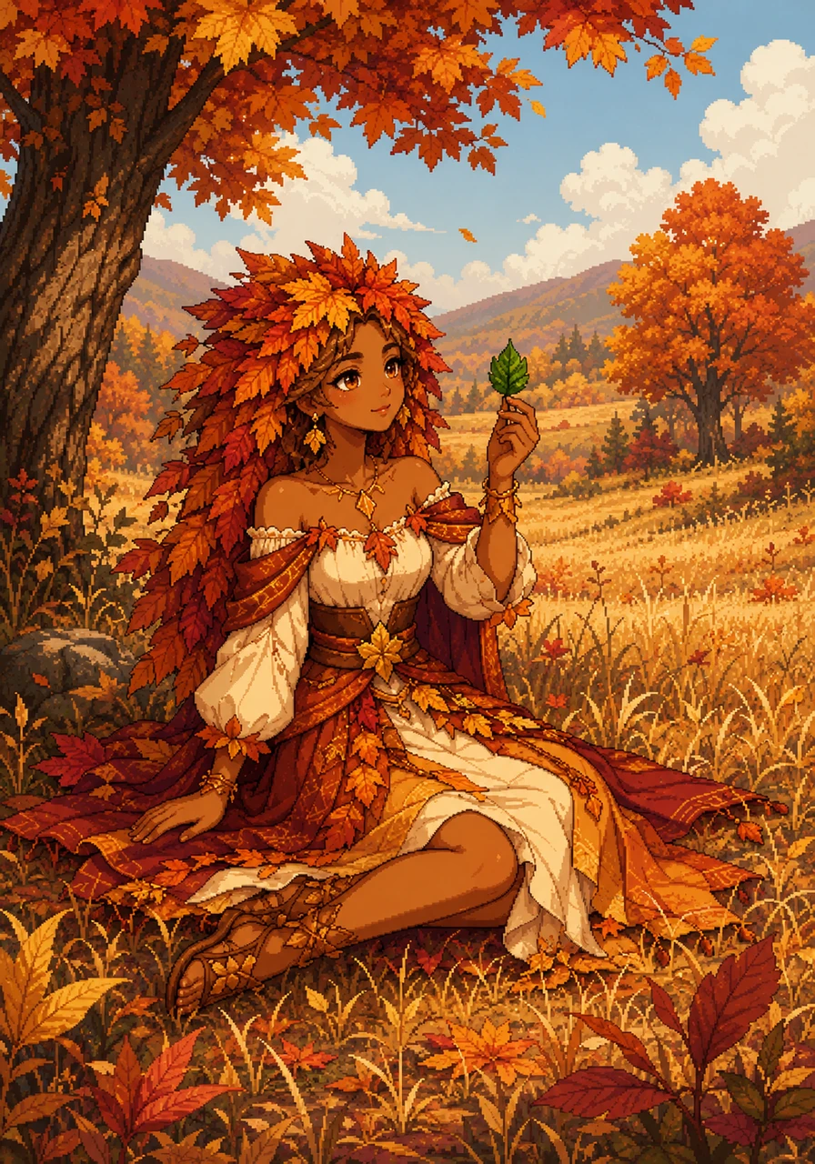 A young woman, Autumn, with amber skin and hair like fallen leaves, rests in a meadow of golden grasses and changing trees. She holds a small, vibrant green leaf, a single anomaly in her otherwise warm-toned world.