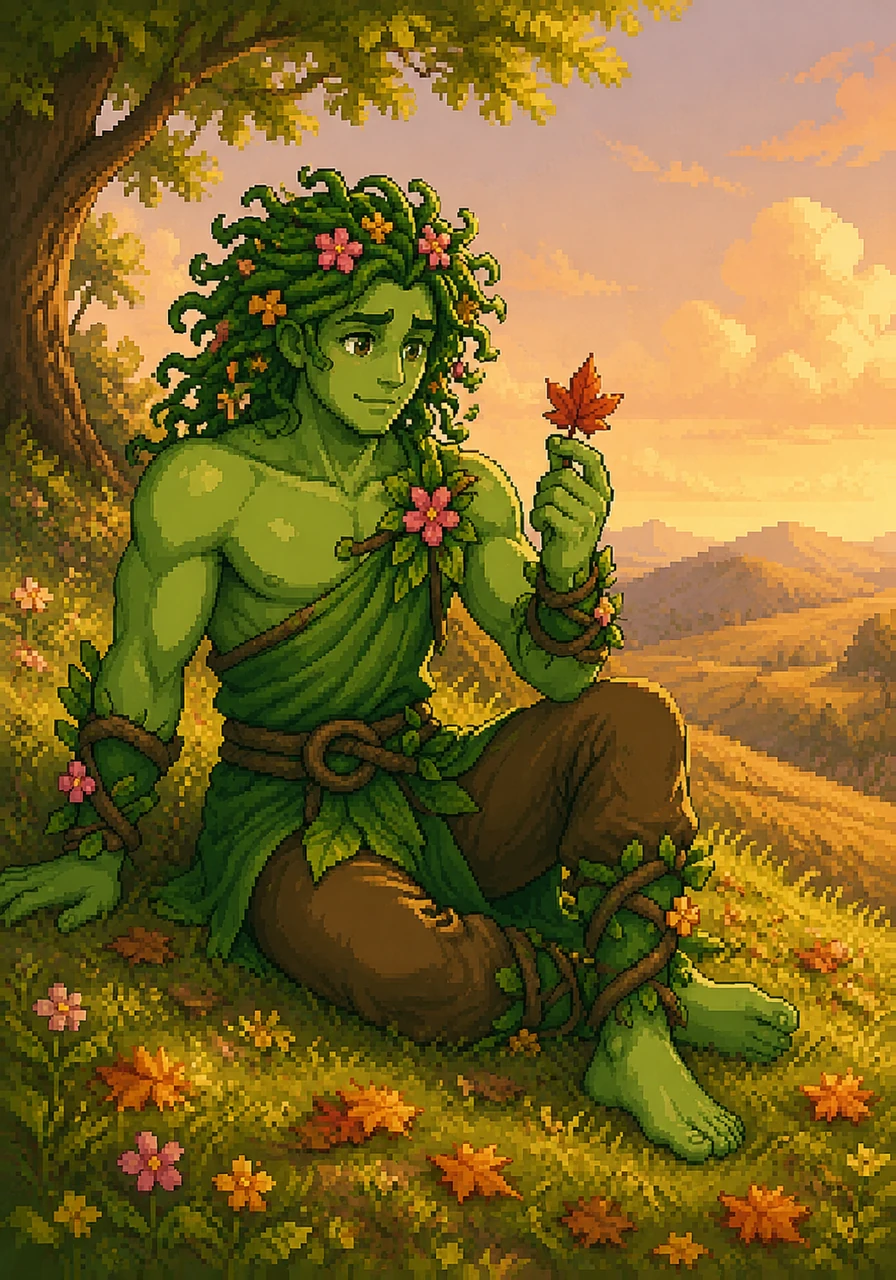 A vibrant man, Spring, with jade-green skin and hair made of flowering vines, awakens on a sun-drenched hill. He holds a crisp, rust-colored leaf, a whisper of a season he has never known.