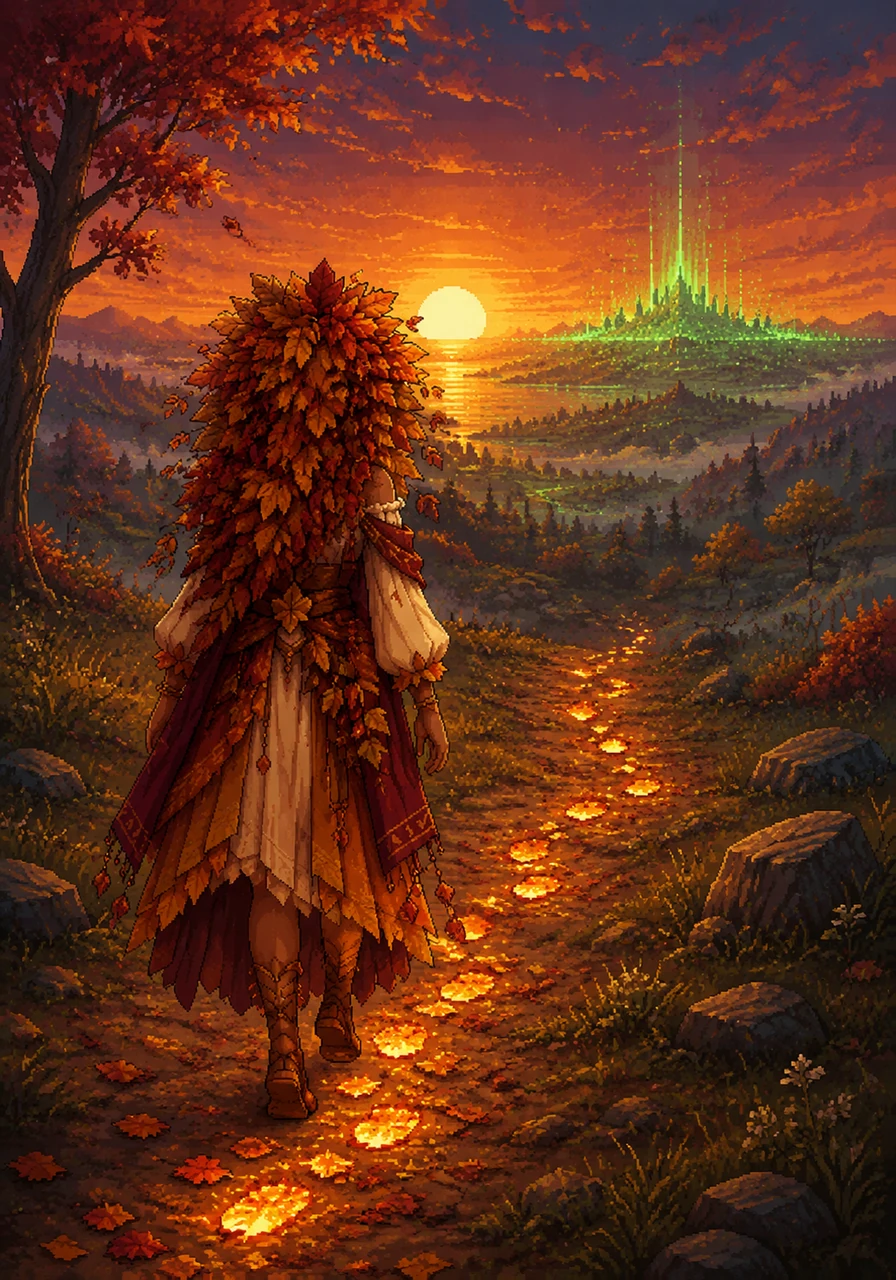 Driven by the odd token, Autumn walks toward the setting sun, where the horizon shimmers with unexpected greens. Every footstep leaves a trail of red and gold across the cooling landscape.