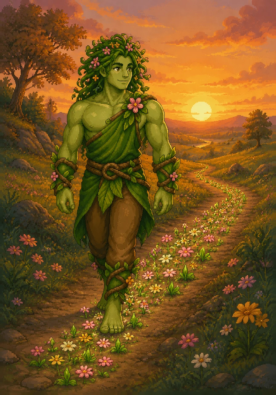 Spring travels eastward, following the fading sun's gold. As he walks, the earth beneath his feet bursts into bloom, wildflowers and new buds tracking his determined path.