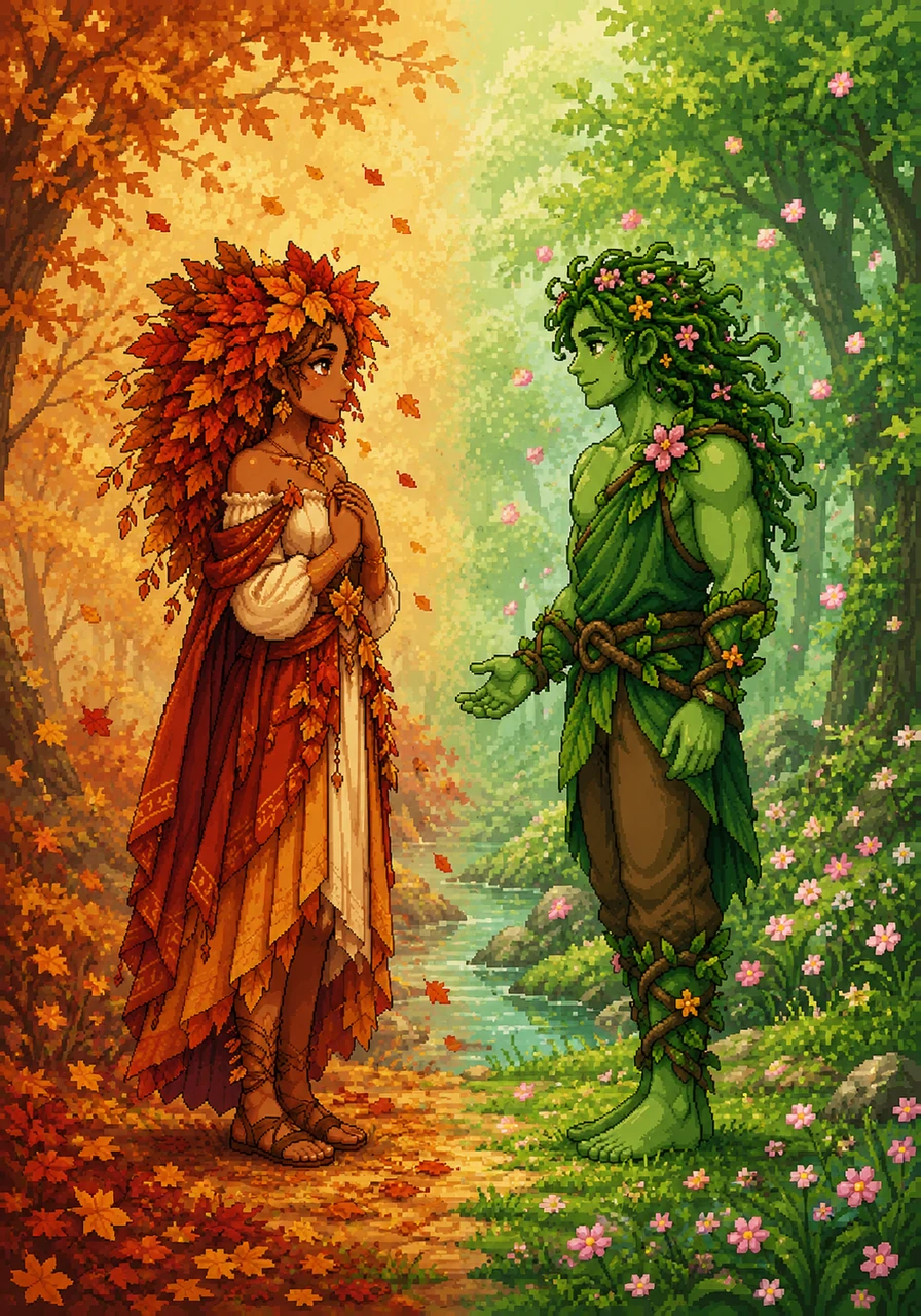 On the exact point where the warm hues of Autumn's world meet the vibrant greens of Spring's, the two spirits finally see each other. The air is still, a rare and magical stillness that only exists in this moment of perfect balance.