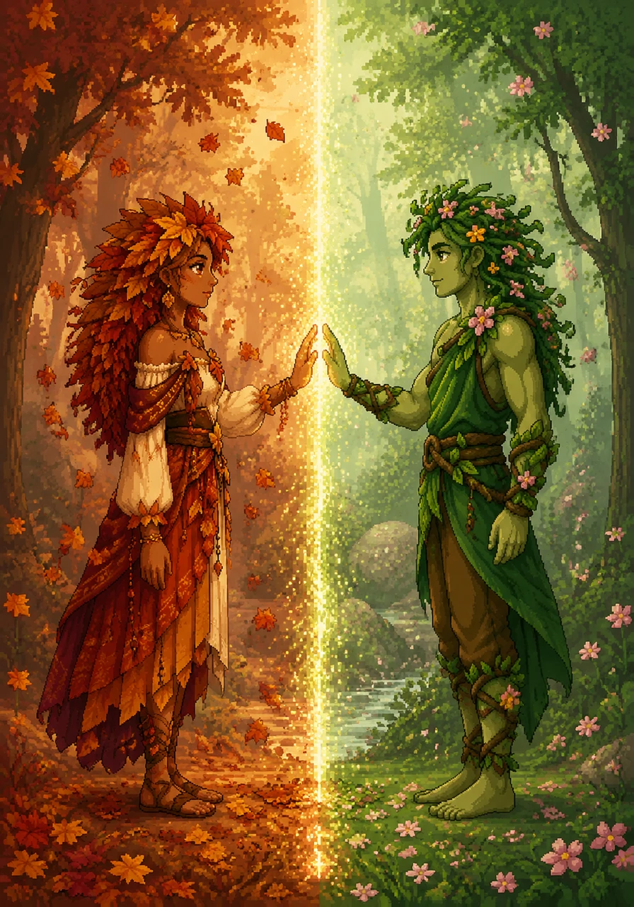 Their hands touch across the shimmering boundary of their seasons. This delicate, impossible connection is their first and only greeting, a silent acknowledgment of a shared destiny.