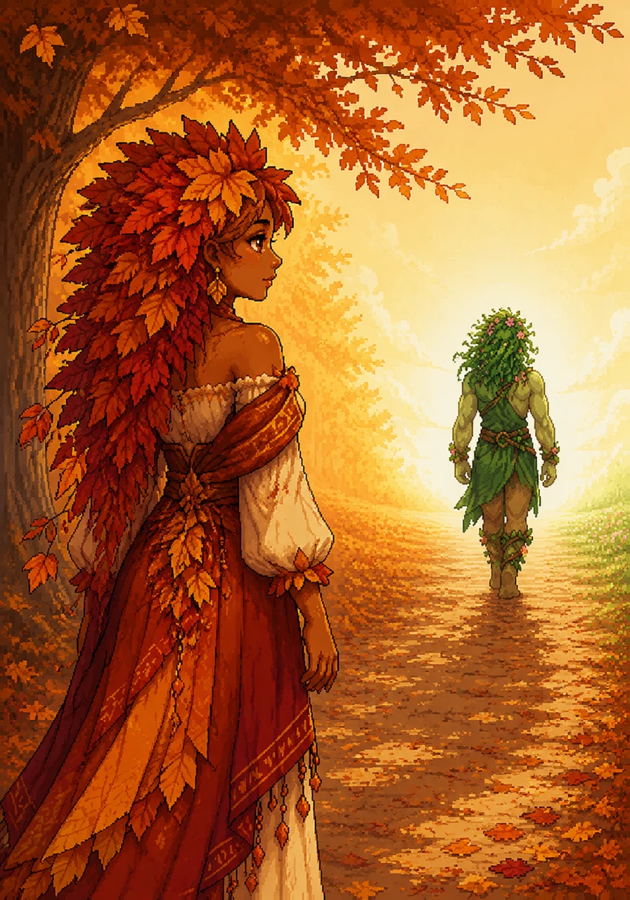 Autumn stands watching Spring retreat into the growing light, a sense of calm acceptance washing over her. The golden light of her season illuminates her path, and she knows that one day, their paths will cross again.