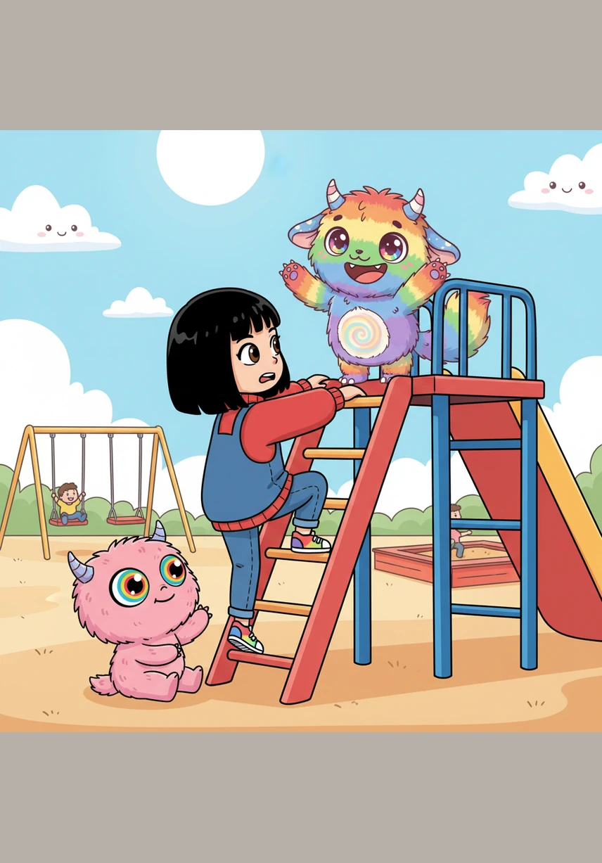 Nina followed the sound to the tall, blue slide, but she couldn't see what was waiting at the very top. As she carefully climbed up the ladder, two large, glowing eyes suddenly peered out from the shadows of the tunnel.