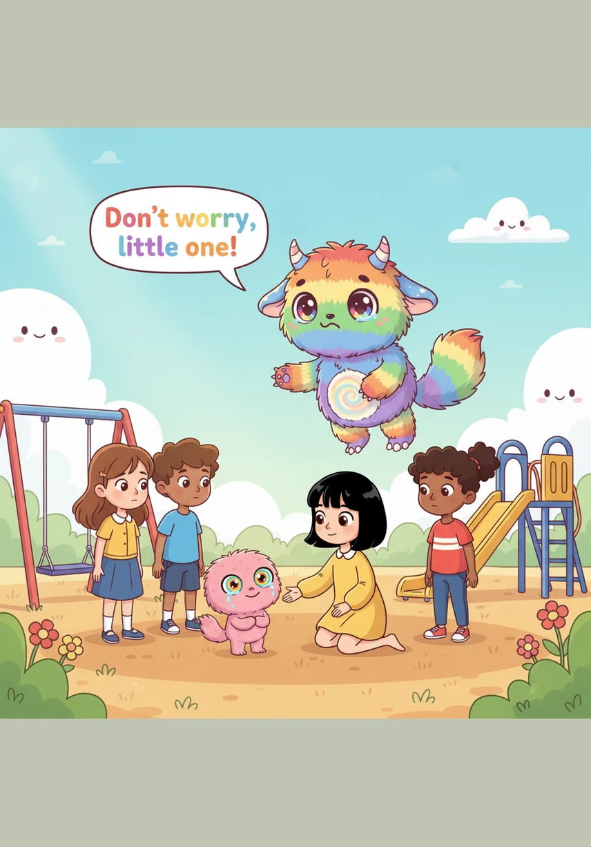 Startled by the unexpected guest, Nina jumped back onto the soft sand of the playground. When Nina asked for a name, the little creature pulled out a notebook and carefully wrote the word 'Rainbow' in bright, colorful letters.