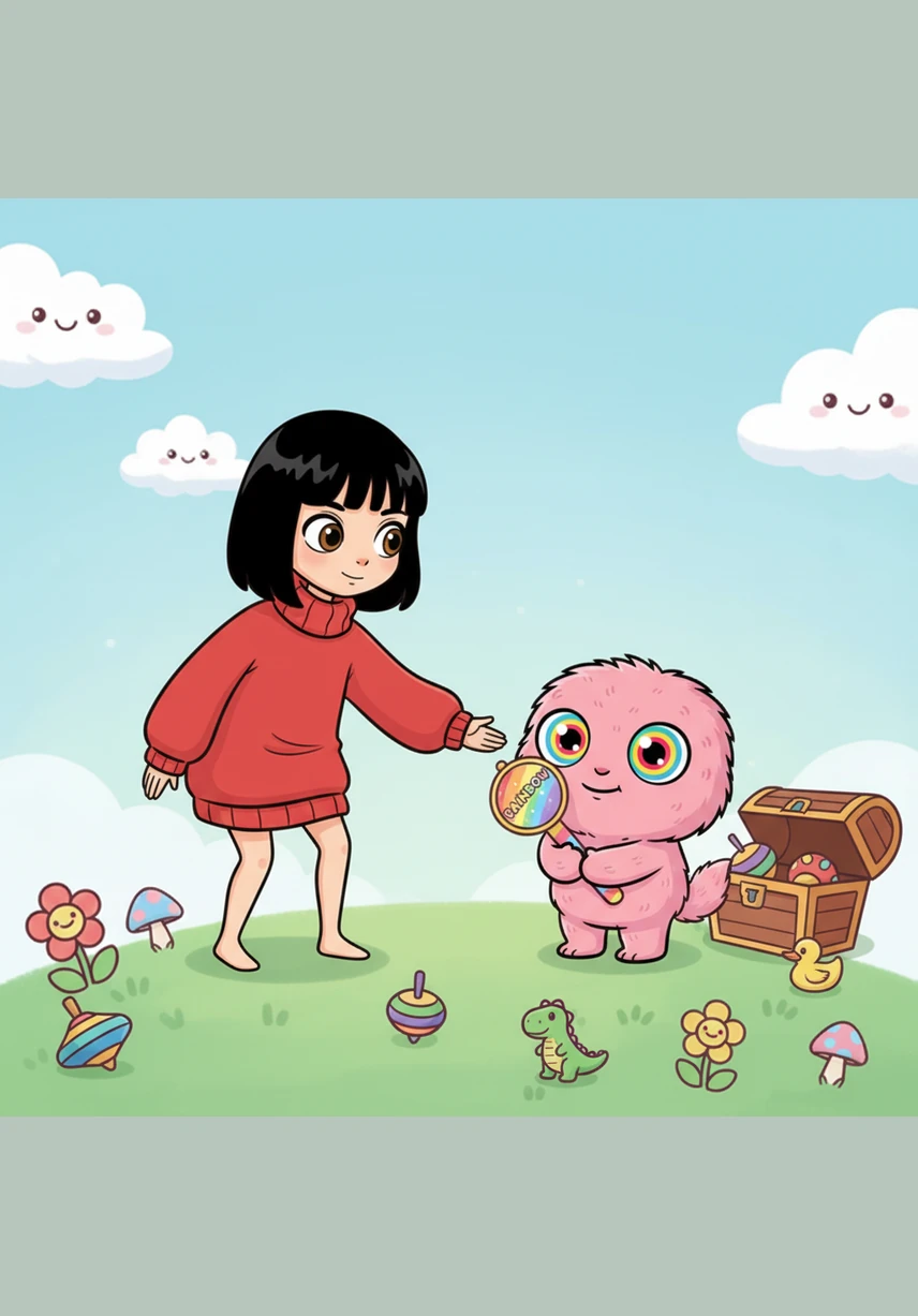 Nina felt very angry and chased after the little pink monster to get the food back for her friends. She looked Rainbow in the eyes and firmly explained that she couldn't just take things that didn't belong to her.